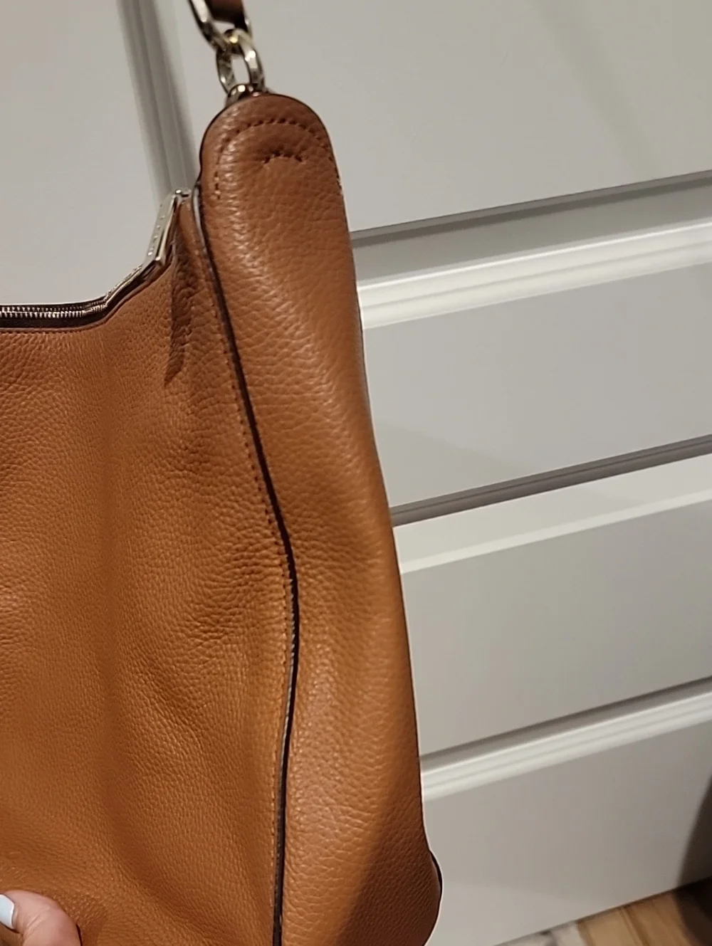 kate spade Brown Pebbled Leather Hobo Shoulder Bag with Coral Trim